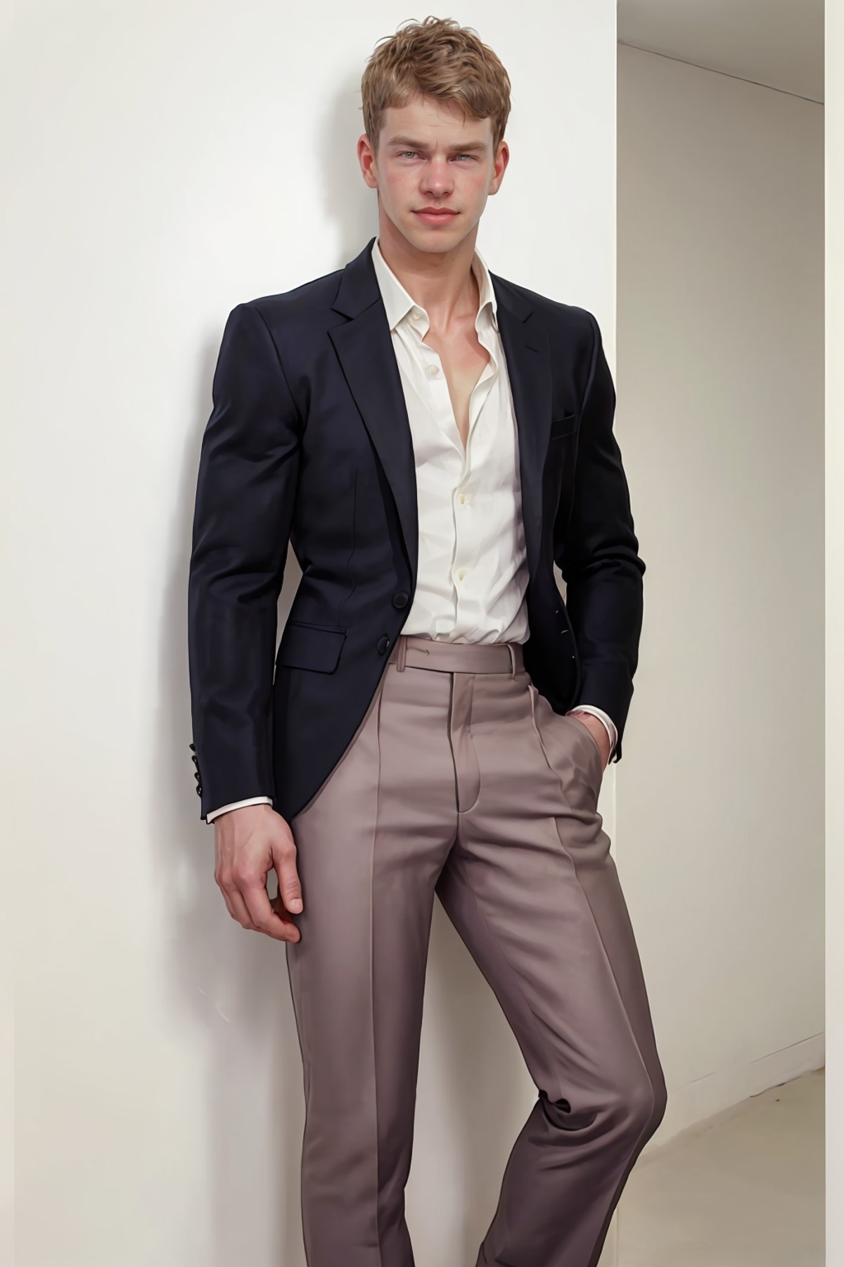 <lora:sebastian_bonnet-06:0.8> seb, relazed poised expression, wearing an Alexander McQueen pink tailored suit, standing i...